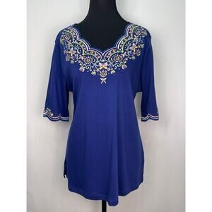 NWT Quacker Factory Blue Embroidered Short Sleeve Blouse Size Medium